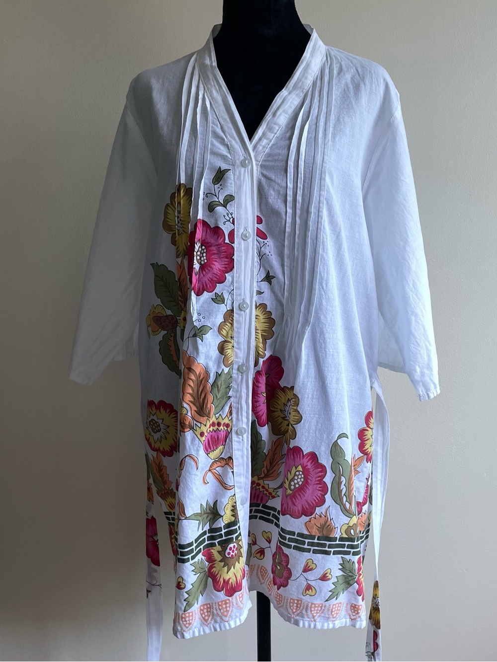 Asha 100% Cotton Floral Tunic Blouse White Boho Tie Waist L XL